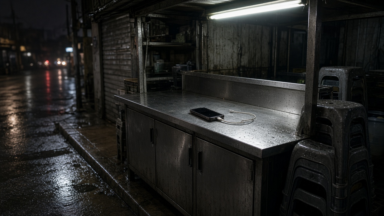 A phone charging on a steel counter after a stall has closed