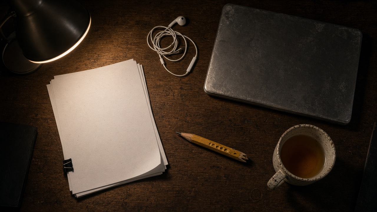 A messy desk with earphones and a lamp