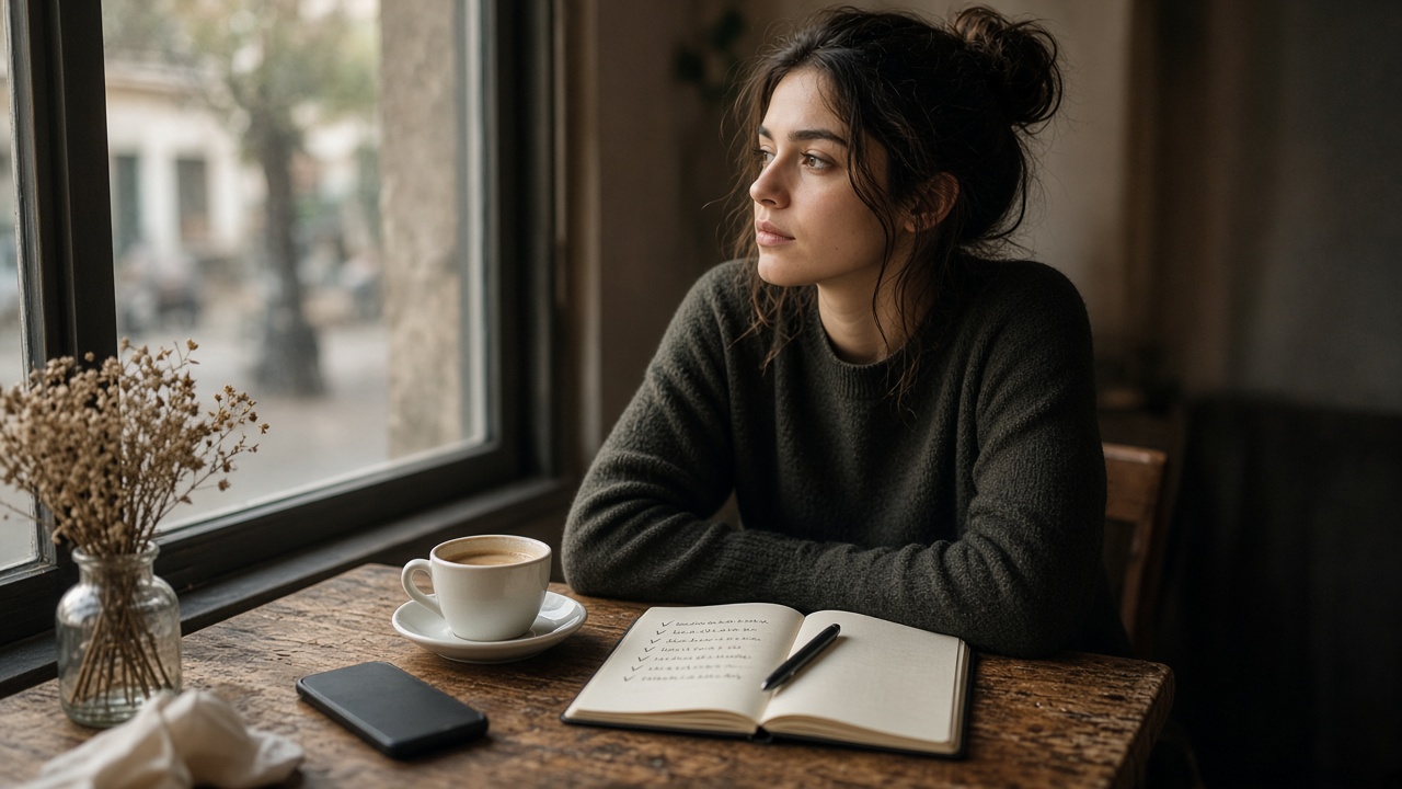 Notebook and coffee on a cafe table